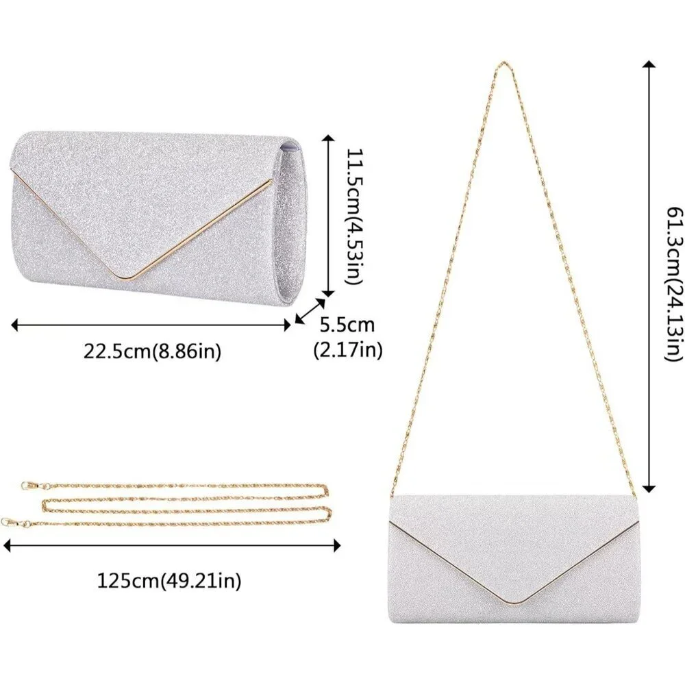 Women's Sparking Silver Envelope Bag With Detachable Chain Clutch Purses